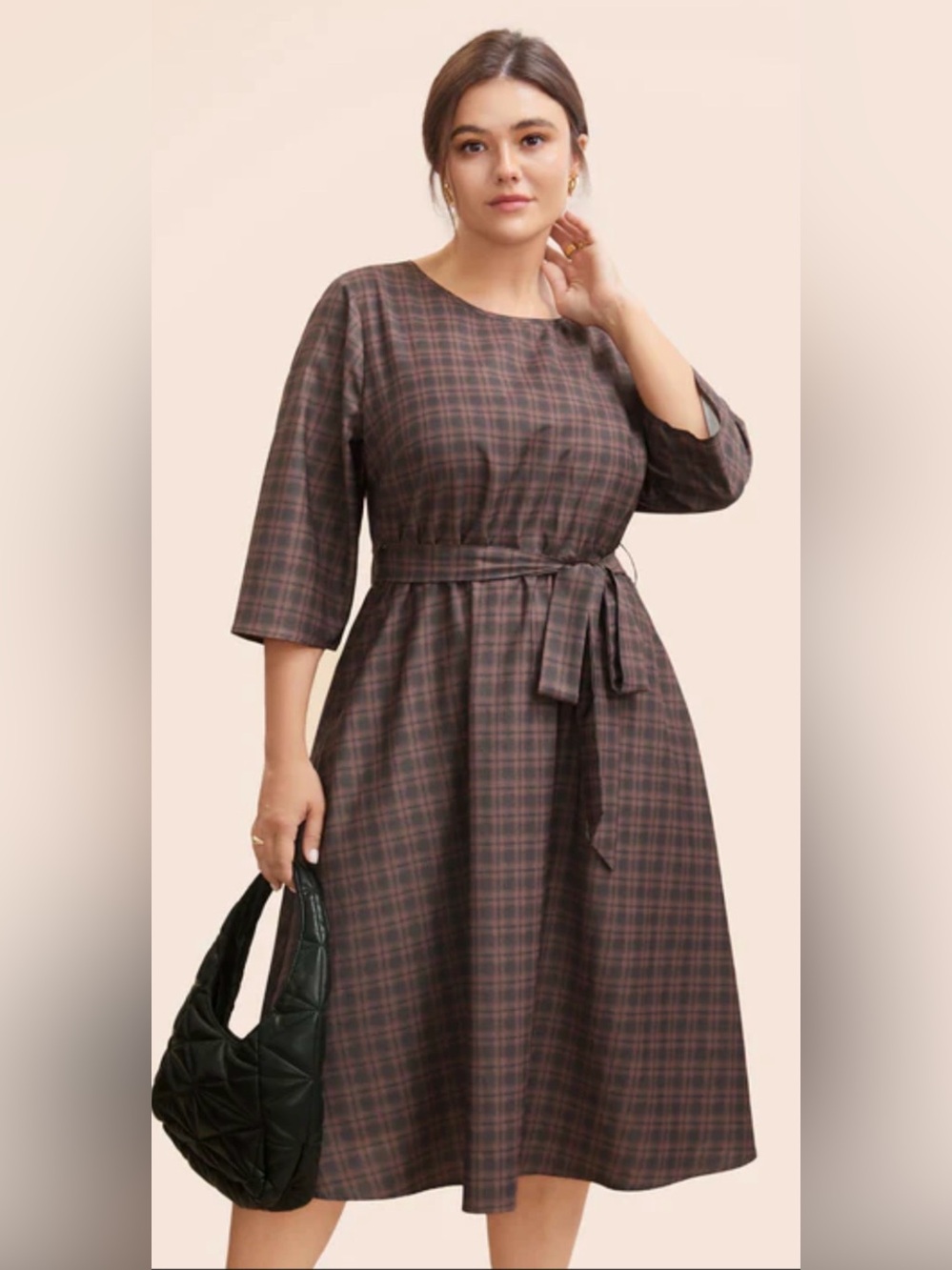 BloomChic Brown Plaid Midi Dress with Self-Tie Belt